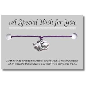 Vilda Jewellery Kitty Cat Purple Wish Bracelet, Hemp with Silver Tone Charm on Printed Card, Adjustable Size up to 12 inches, Unisex Friendship Bracelet, Cat Pet Animal Lover Gift