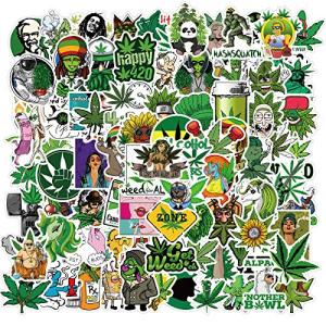 100PCS Stoner Weed Stickers, Vinyl Waterproof Green Marijuana Stickers Pack for Laptop Water Bottles Bumper Phone, Leaves Decals Decoration for Adults