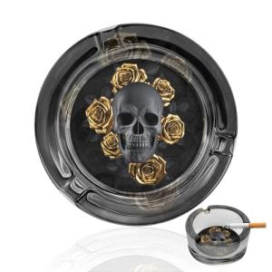 Black Skull with Gold Roses Cigarette Ashtrays Round Portable Cigar Ashtray Transparent Glass Smoking Ash Tray for Indoor Outdoor Home Office Patio Balcony Tabletop Decor