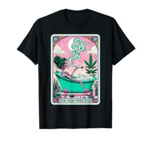 The High Priest.ess Retro Skeleton Cannabis Weed Tarot Card T-Shirt
