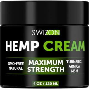 SWIZON Natural Hemp Cream for Muscles, Joints, Neck, Back, Elbows - Hemp Oil Muscle Relaxer Cream to Soothe Discomfort - Hemp Oil Extract Gel with Arnica, Msm, Turmeric, Menthol Rub - 4 oz