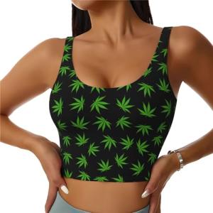 QANCOSI Marijuana Weed Leaf Pattern Women Sports Bras with Detachable Chest Pad U Back Yoga Tops Medium