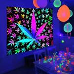 VEIGIKE Cool Trippy Weed Blacklight Tapestry UV Reactive, Neon Tie Dye Marijuana Leaf Cannabis Black Light Art Poster for Men Room Bedroom, Psychedelic Glow in The Dark Blanket Party Decor (80X60)