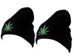 Pack of 2X Embroidery Weed Design Marijuana Leafs Foldable Knit Beanie -One Size (Black &Black)