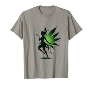 Vintage Retro Weed Fairy Marijuana Fantasy Leaf Stoner Pot Smoker Cannabis T-Shirt, Small, Grey