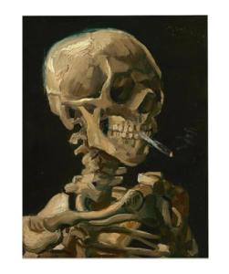 Skeleton Smoking Weed by Vincent Van Gogh 11x14 Unframed Print – Macabre Yet Humorous Gothic Art, Morbidly Rebellious Post-Impressionist Expressionist Decor, Creepy Halloween Dark Humor Aesthetic