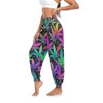 Aflyko Women Dance Pants Marijuana Neon Rainbow Star Boho Trousers Baggy Yoga Sweatpants Casual Sportwear Relaxed Fit Workout Harem Athletic Pants, L
