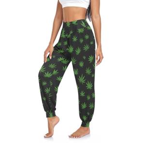Green Leaves Marijuana Womens Casual Cozy Yoga Joggers Pants High Waisted Lounge Pants, XL
