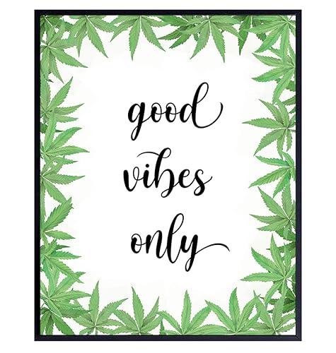 Smoking Weed Stoner Room Decor - Good Vibes Only Sign - Smoking Marijuana Hippie Room Decor - Groovy Cannabis Art for Pot Smoker, Pot Head, Hipster - Trippy Decoration for Stoners - Boho-chic Wall Art