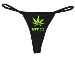 Knaughty Knickers Women's Hit It with Marijuana Pot Weed Leaf Funny Thong Large Black/Lime