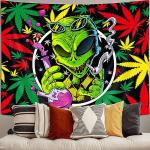 Wathon Trippy Weed Marijuana Tapestry Cool Alien Marijuana Leaf Wall Tapestry for Bedroom, Psychedelic Tie Dye Stoner Tapestries for Men Aesthetic Hippie Wall Art Poster for Dorm Home Decor 60X40IN