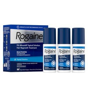 Men's Rogaine Extra Strength 5% Minoxidil Topical Solution for Thin Hair, Hair Loss Treatment to Regrow Fuller, Thicker Hair, 3 Month Supply, 3 Bottles