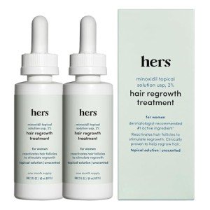 hers Topical Minoxidil Solution, 2% - Hair Growth Treatment for Women - Clinically Proven to Reduce Hair Loss in 3-6 Months - Unscented, 2 Pack