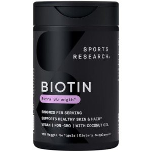 Sports Research Extra Strength Vegan Biotin (Vitamin B) Supplement with Organic Coconut Oil - Supports Keratin for Healthier Hair & Skin - Great for Women & Men - 5,000mcg, 120 Veggie Softgel Capsules