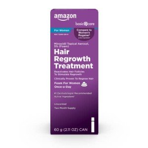 Amazon Basic Care Hair Regrowth Treatment For Women, Minoxidil 5%, Topical Aerosol (Foam), Unscented, 2 Month Supply, 2.11 ounce (Pack of 1)