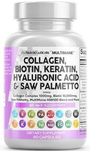 Clean Nutraceuticals Collagen Pills 1000mg Biotin 10000mcg Keratin Saw Palmetto Hyaluronic Acid - Hair Skin & Nails Vitamins & DHT Blocker with Vitamin E Folic Acid Pumpkin Seed MSM - 90 Count