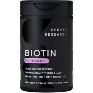 Sports Research® Biotin 10,000mcg with Organic Coconut Oil - Biotin (Vitamin B7) for Healthy Skin and Hair Support* - for Women and Men - Vegan, Non-GMO, Gluten & Soy-Free - 120 Veggie Softgels
