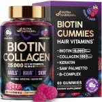 Biotin Gummies with Collagen - Hair Growth Support Skin, & Nail Strength - for Women & Men - Biotin 10000mcg | Keratin | Hyaluronic Acid | B-Complex | Saw Palmetto - Sugar-Free, Mixed Berry - 60 Gummy