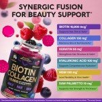 Biotin Gummies with Collagen - Hair Growth Support Skin, & Nail Strength - for Women & Men - Biotin 10000mcg | Keratin | Hyaluronic Acid | B-Complex | Saw Palmetto - Sugar-Free, Mixed Berry - 60 Gummy