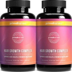 Primal Harvest Hair Growth Vitamins, 2 Pack - 120 Pills, Natural Hair Regrowth, Thickening, and Supplement for Men & Women with Biotin & Zinc