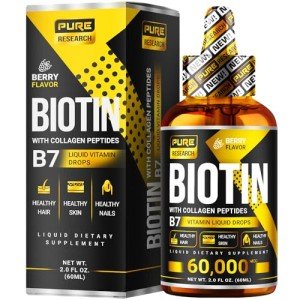 PURE RESEARCH Liquid Biotin & Collagen Hair Growth Drops 60,000mcg - Biotin and Liquid Collagen Supplement for Men & Women - Glowing Skin Support, Healthy Hair & Nail Growth - 2oz