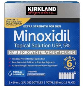 KIRKLAND SIGNATURE Minoxidil 5% Hair Regrowth Treatment for Men | 6 Months Supply | Topical Solution | Extra Strength | Clinically Proven | Unscented Drops | Dropper & Sprayer Included