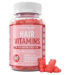 Purely Optimal Premium Hair Vitamins Supplement-Gummy w/Biotin, Folic Acid, Vitamin A&D-Supports Faster Hair Growth & Healthy Hair, Skin, & Nails-60 Non-GMO Berry Flavored Gummies