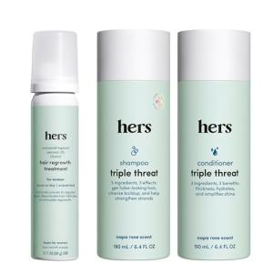 hers Triple Threat Shampoo, Conditioner and Minoxidil Set - Hair Loss Treatment for Women - Includes 5% Foam Minoxidil Treatment, Color Safe Hair Thickening Shampoo and Conditioner - 3 Count