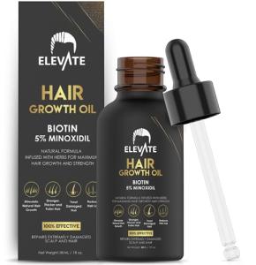 Elevate Hair Regrowth Treatment 5% Minoxidil Solution - Biotin Serum Hair Growth Oil for Men & Women - Thicker Fuller Stronger Hair - Stops Hair Loss & Thinning - Natural Hair Thickening Treatment 1oz