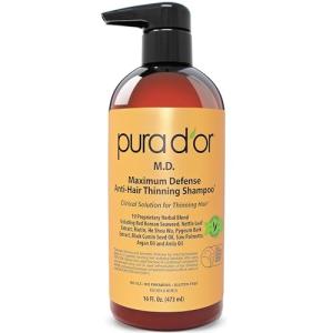 PURA D'OR 16 Oz MD Anti-Hair Thinning Maximum Defense Shampoo - 0.5% Coal Tar, Biotin, Proprietary Herbal Blend For Dry & Itchy Scalp, No Sulfates - For Men & Women
