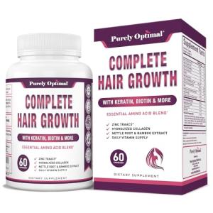 Purely Optimal Complete Hair Growth Vitamins for Women & Men – Supports Thicker, Stronger Hair Growth, Healthy Skin & Nails – Biotin, Collagen, Keratin – Easy-to-Take, Unflavored, 60 Capsules