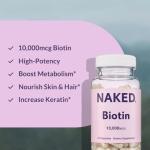 NAKED Biotin 10,000mcg - Max Strength Vitamin B7 Supplement for Healthy Hair, Skin & Nails Support - Non-GMO, Gluten-Free, Vegan - Supports Keratin Production - 120 Capsules