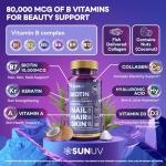 SUNUV Biotin 10,000mcg | Collagen | Keratin - 80,000mcg Hair Growth Vitamins for Women & Men,Skin & Nails Support - Hyaluronic Acid & Vitamins B1,B2,B3,B5,B6,B9,B12 -Made in USA-90 Capsules