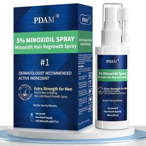 Minoxidil for Men Hair Growth Spray - 5% Topical Hair Regrowth Treatment for Thinning Hair and Beard Growth, Extra Strength Hair Loss Solution, 1-Month Supply, 2 Fl Oz (Pack of 1)