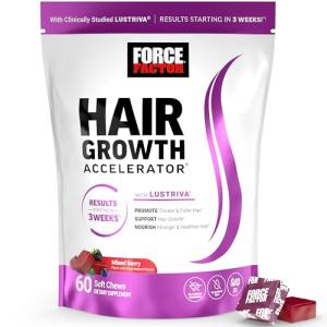 FORCE FACTOR Hair Growth Accelerator Soft Chews, Lustriva & Biotin to Promote Thicker, Stronger, Fuller Hair, Hair Growth Vitamins for Women, Clinically Studied, Mixed Berry, 60 Soft Chews