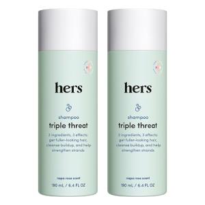 hers triple threat shampoo for hair that feels and looks thicker and stronger with biotin, saw palmetto, pumpkin seed oil, lightly scented with rose, helps control hair shedding, 2 pack, 6.4oz