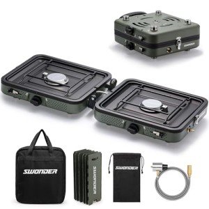 Swonder Portable 2-Burner Camping Stove with Windscreen - 17,500 BTU Propane Stove, Foldable Design, Adjustable Flame Control, Stainless Steel Construction, Includes Waterproof Carry Bag