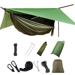 Camping Hammock with Rain Fly Tarp and Mosquito Net with Tree Straps,1/2 Person Portable Hammocks with Rain Cover for Indoor Outdoor Backpacking Hiking Travel Yard Activities Green