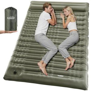 Elegear Double Sleeping Pad for Camping, 4.7" Ultra-Thick Self Inflating Camping Pad 2 Person with Pillow Built-in Foot Pump, Portable Camping Sleeping Mat for Backpacking Hiking Tent(Army Green Full)