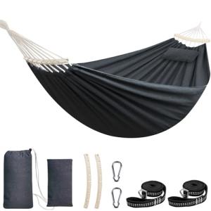 Chihee Cotton Hammock Large Soft Breathable Camping Hammock Holds Up to 660lbs Portable Tree Hammock with Detachable Spreader Bar Pillow 2 Strong Webbings 2 Carabiners Patio Garden Indoor Outdoor