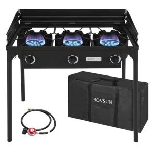 ROVSUN 3 Burner Outdoor Propane Gas Stove with Windpanel, Carrying Bag & Regulator, 225,000 BTU Stand Cooker for Backyard Cooking Camping Home Brewing Canning Turkey Frying