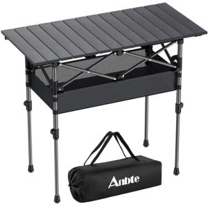 Anbte Folding Camping Table, Aluminum Roll Up Camping Table Adjustable Height with Storage Net and Bag, Lightweight Outdoor Table 32.2” X 16”, for Outdoor Travel BBQ Party Picnic, Black