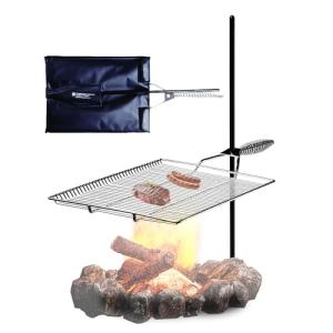 Stromberg Carlson Stake & Grill – Portable Camping Grill Grate for Outdoor Camping, Backpacking, and RV Use, Campfire Cooking Equipment for Fire Pit Cooking, Silver, 15"x22" w/ 36" Long Stake