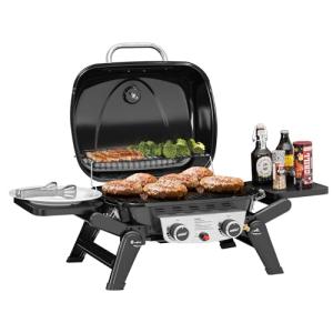 Grills House 2-Burner Portable Propane Gas Grill with Foldable Side Tables and Legs, Outdoor Tabletop Gas Grill with Warming Rack for Travel, Picnic, Tailgate, Camping, Black, GT2005-SC