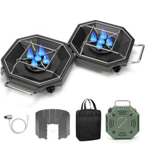 Camping Stove Propane Two Burner, 34000BTU Foldable Camp Stove Gas Propane Burners for Outdoor Cooking, Portable Stoves Gas Burners with Windsheild, Carrying Bag, Grates, Regulator