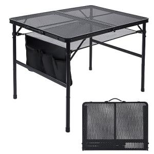 JOUYEK Folding Grill Table, 3x2 FT Portable Camping Table, Height Adjustable Metal Tables with Mesh Desktop and Mesh Bag, Outdoor Furniture for Camping, Picnic, Beach and BBQ, Black