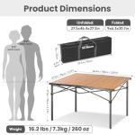 Large 46.4" Camping Table for 2-6 People - 220lbs Capacity Heavy Duty Foldable Outdoor Table with Aluminum Roll-Up Top & Carry Bag, Portable Picnic Desk for BBQ, Tailgating, Backyard (Natural)