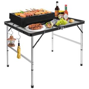 jkwokback 3ft x 2ft Grill Table Portable Camping Table, Waterproof Black Folding Table with Adjustable Height Camping Table,Folding Camp Table for BBQ,Camping, Outdoor Sports, Beaches and Picnics