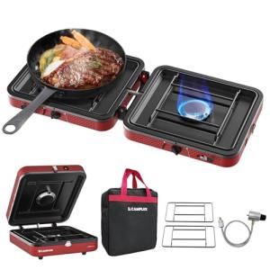 CAMPLUX FoldGo 2 Burner Portable Camping Stove 17,200 BTU, Foldable Propane Stove for Outdoor Cooking with Carry Bag, Portable Gas Stove with 2 Adjustable Burners, Red