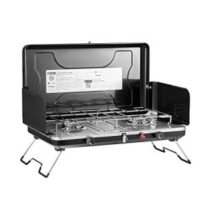 FineFlame Camping Stove, 2 Burners Portable Propane camp Stove with Regulator, Integrated Igniter & Stainless Steel Drip Tray & Built-in Handle & Foldable Legs for Outdoor Cooking and Travel-20000 BTU
